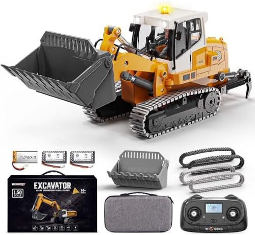 RC Bulldozer for Adults 1:50, RC Dozer & Loader with Metal Bucket & Tracks by Womaqu