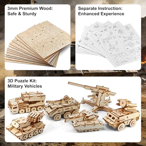 3D Wooden Puzzle for Adults –6 Pack DIY Wooden Military Vehicles Model Kits for Adults to Build, Brain Teaser Puzzles Wood Crafts for Teens, Creative Gift Ideas for Birthday & Christmas - Image 4