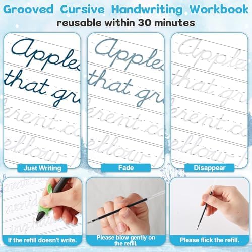 gisgfim Grooved Cursive Handwriting Workbook Magic Reusable Grooved Cursive Handwriting Practice Guided Tracing with Disappearing Ink Pens for Beginners Kids Learning Activities Supplies (Reading) - Image 4