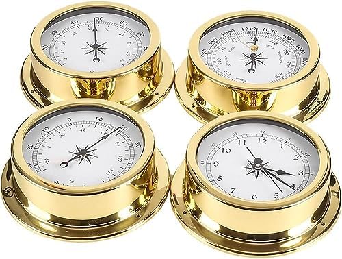 4Pcs Portable Weather Station Set - 5.7in Brass Case Barometer Thermometer Hygrometer Clock (Wall-Mounted/Marine Boat Accessory) by Unknown