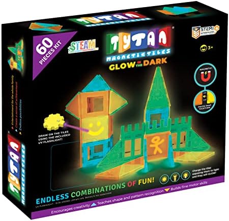 Tytan Tiles Glow in The Dark 60-Piece Magnetic Tiles Building Set, Diverse Multi-Color Shapes, STEM Toy, Cars, Creative Play, Storage Bag & UV Keychain Flashlight for Drawing on Tiles, Ages 3 and Up by TytanToys