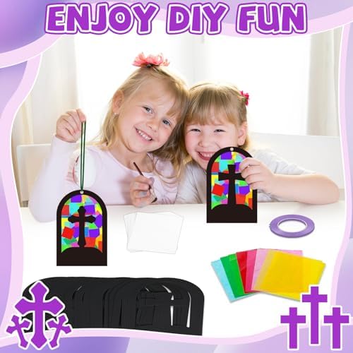 QOUBAI 32 Sets Cross Suncatchers Craft Kit DIY Religious Window Stained Glass Effect Christian VBS Paper Hanging Ornament Kid Easter Sunday School Birthday Gift Creative Art Project Activity Game - Image 4