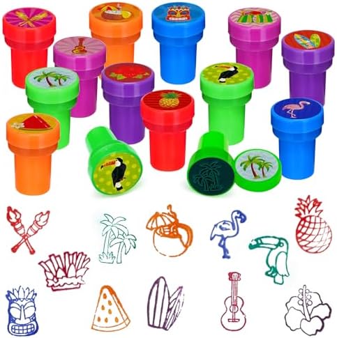 Cinrobiye 24 Pcs Hawaiian Luau Stampers for Kids, Tropical Party Favor Set, Hawaii Theme Stampers with Palm Tree Hibiscus Surf Designs, Luau Birthday Party Supplies, Classroom Rewards, Goody Bags by Cinrobiye