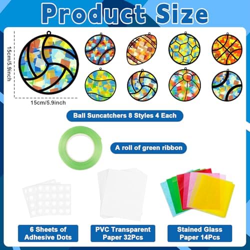 32 Sets Sports Ball Suncatchers Craft Kit DIY Window Stained Glass Effect Football Baseball Basketball Paper Craft Home School Classroom Decoration Kid Birthday Gift Creative Art Project Activity Game - Image 2
