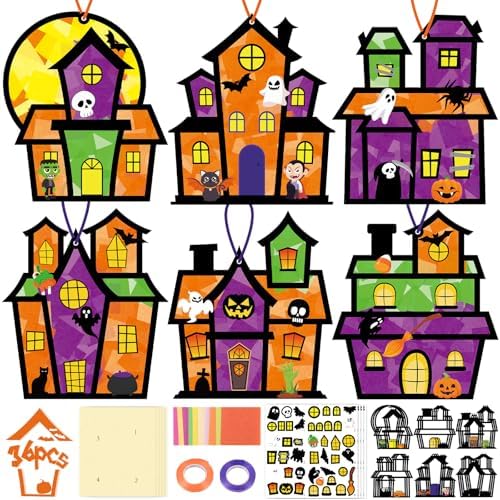 Renbuzhu 36PCS Halloweens Crafts Bulk: Haunted House Paper Suncatchers DIY Kit Party Activities Decorations, Window Stained Glass Effect Art Supplies by Renbuzhu