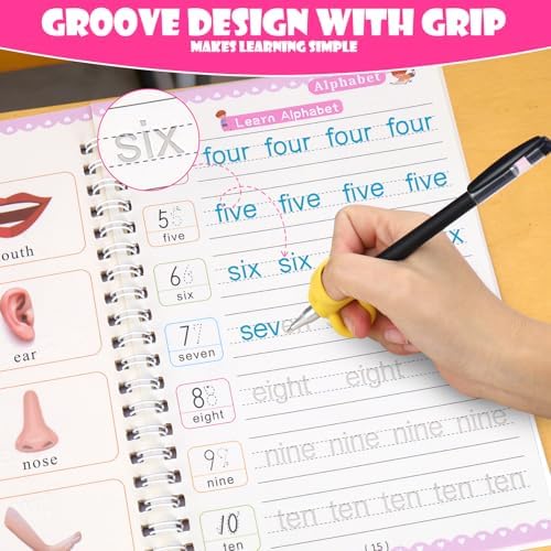 6 Pack Magic Grooved Writing Practice Books for Kids,Reusable Handwriting Practice with Pen,Pencil Grisp,Cute Seal and Learning Schedule ,Pecfect Tracing Copybook for Kindergarten Preschool Age 3-8 - Image 4