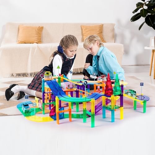 PicassoTiles 150 Piece Race Car Track, Magnetic Building Set with 4 Cars 3+ - Image 2