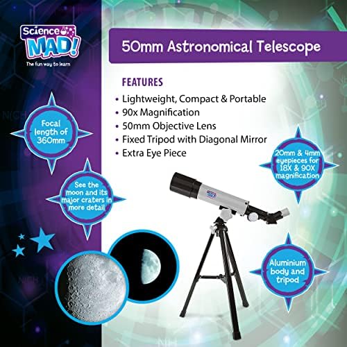 Science Mad 50mm Astronomical Telescope for Kids - Learn Astronomy and the Universe with Fun - Features Portable, 50mm Lens, Tripod and Mount, 18x and 90x Magnification, 6+ Years - Image 3