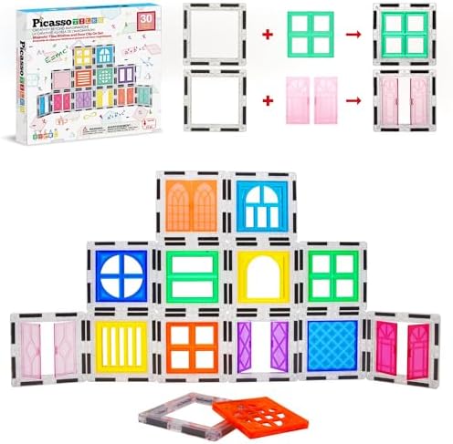 PicassoTiles Window and Door Clip On Magnetic Blocks Magnet Tiles Magnets Building Tile Construction Toy Set STEM Education Toys Learning Kit Stacking Block Playset Boys & Girls Age 3+ PT30 by PicassoTiles