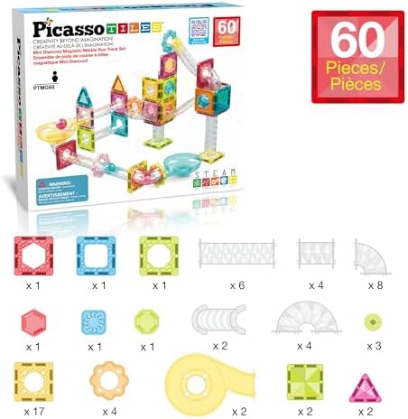 PicassoTiles 60 pc Magnet Tiles Building Block Travel Size Magnetic Marble Run Construction Toy Set Mini Diamond Marble RaceTrack Building Blocks Playset Education STEM Learning Kit Boy Girl 3+ PTMG60 - Image 3