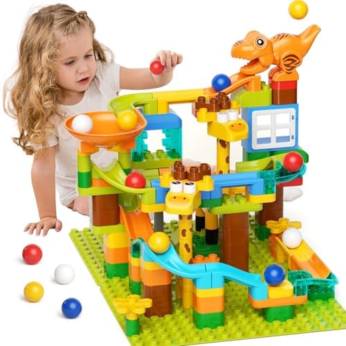 Marble Run for Kids Ages 4-8 145 PCS Dinosaur Giraffe Building Blocks with 10 Marbles Slide Dino Smooth Edges Design Works with Large Brick Toys STEM Track Toys Creative Gift for Boys Girls by burgkidz