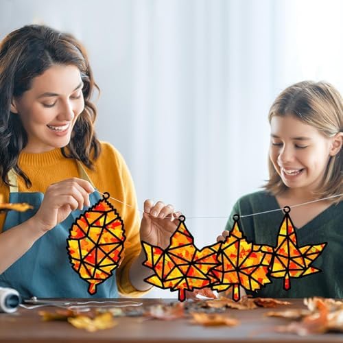32 Sets Fall Leaf Suncatcher Craft for Kids Thanksgiving Maple Leaf DIY Art - Image 6