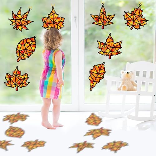 32 Sets Fall Leaf Suncatcher Craft for Kids Thanksgiving Maple Leaf DIY Art - Image 4
