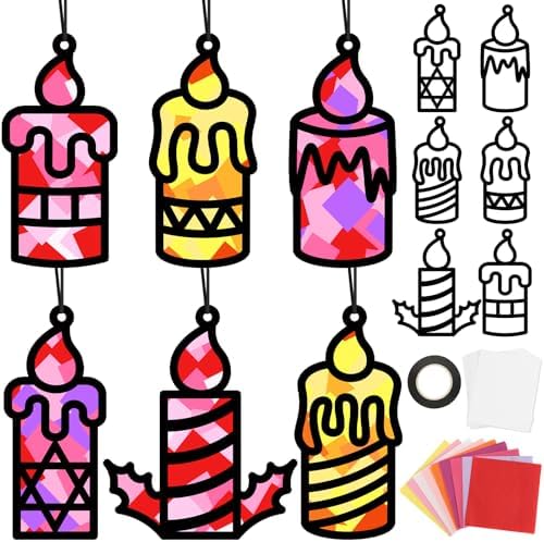 Qyeahkj 36 Set Winter Christmas Candle Suncatchers Crafts Kit Xmas Religion DIY Colorful Window Tissue Paper Craft Christian Holiday Hanging Ornaments Window Art Decor for Christmas Winter Home Gift by Qyeahkj