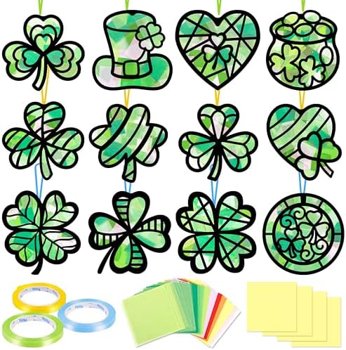 Renbuzhu 40PCS St. Patricks Day Crafts Bulk: Paper Shamrock Suncatchers, Saint Patrick's DIY Kits, Window Stained Glass Effect Art Supplies by Renbuzhu