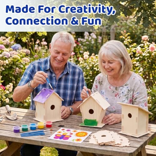 Neliblu DIY 12 Wooden Bird House Kits - Creative Arts and Crafts Set for Adults - Unfinished Wood Birdhouses with Paint Strips, Brushes, Stickers and Strings - 3 Unique Shapes, 2 Sizes - Image 6