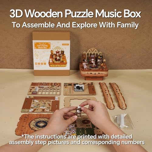 Tonecheer Wooden Music Box Puzzle for Adults,DIY Rotating Music Box Kit 3D Creative Musical Puzzle Crafts Model Building Kits Desk Decor for Teens Kids Birthday Gift (Cats Family) - Image 5