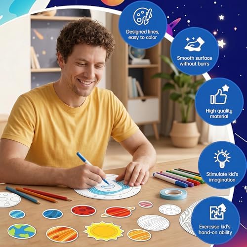 24 Sets Space Craft Kits DIY Solar System Planet Coloring Hanging Decor Color Your Own Outer Space Paper Crafts Galaxy Coloring Ornaments Art for Home School Classroom Activities Party Favor Gifts - Image 5