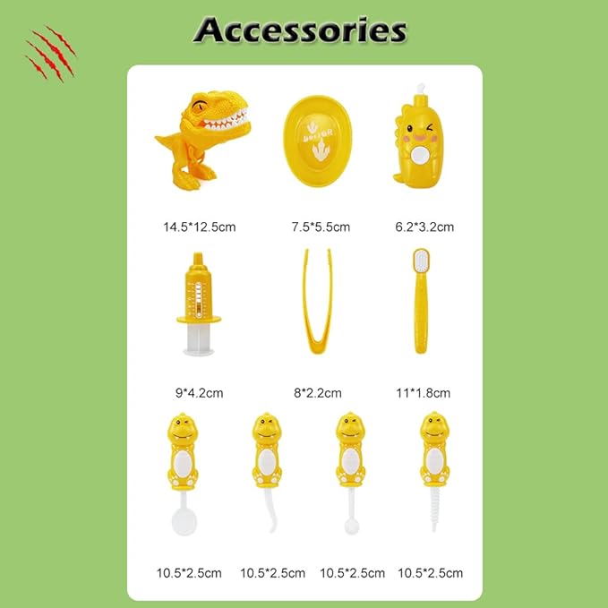 10PCS Plastic Dinosaur Simulation Dentist Play Set Animal Animation Medical Kit Pretend Toy for Kids Hygienic Habbit Cultivation Role Play Game for Children 4 Colors Simple OPP Bag Packaging (Green)