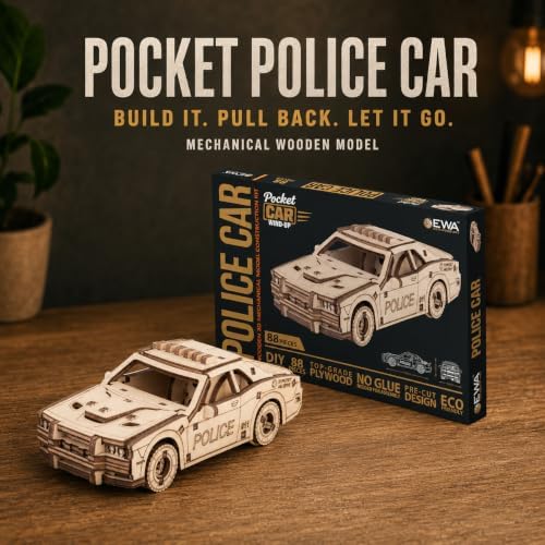 EWA Eco-Wood-Art Pocket Police Car - 3D Wooden Puzzle Mechanical Model Kit DIY Wood Construction Set - Image 2