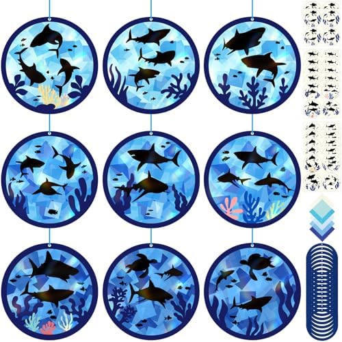 48PCS Summer Crafts: Paper Shark Suncatchers DIY Kits, Window Stained Glass Effect Art Supplies by Renbuzhu