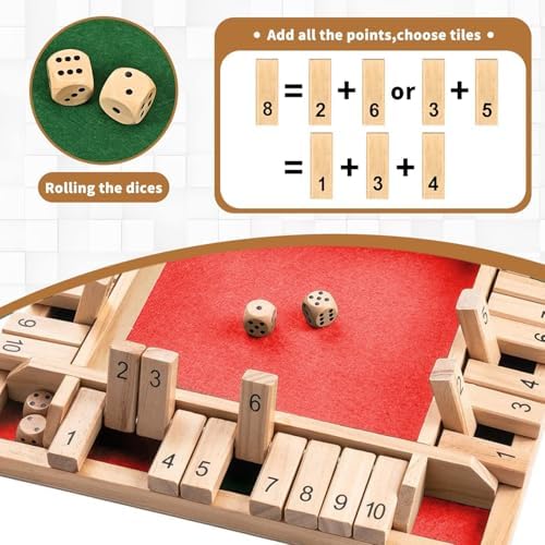 Shut The Box Game 2-4 Players Classic Dice Board Game 10 Numbers Table Math Games Traditional Wooden Family Game for Night Pub Bar Classroom Travel Improves Mathematical Skills (Red) - Image 4
