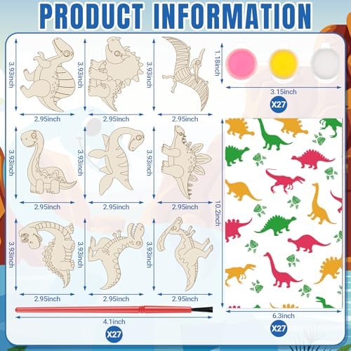 Pasimy 162 Pcs Dinosaur Party Favors Craft Kits Jurassic Party Supplies Dino Birthday Painting Kit Watercolor Card Wooden Cutouts Dinosaur Goodie Bag for Tropical Jungle DIY Project Activities(Dino) - Image 2