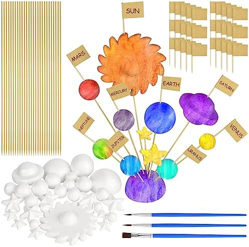 100 Pieces Solar System Model Foam Ball Kit Includes Mixed Sized Polystyrene Balls Toothpick Flag Bamboo Sticks Painting Brushes for School Science Project DIY Planet Handcraft by MOTOTO
