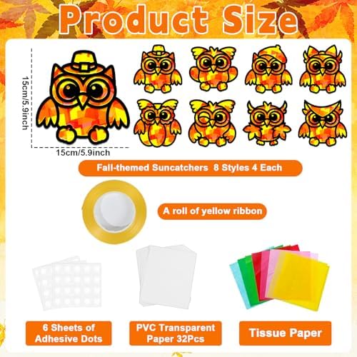QOUBAI 32 Sets Fall Owl Suncatchers Craft Kit DIY Window Stained Glass Effect Autumn Owl Paper Crafts Home School Classroom Decoration Kid Birthday Gift Creative Art Project Activity Game - Image 2