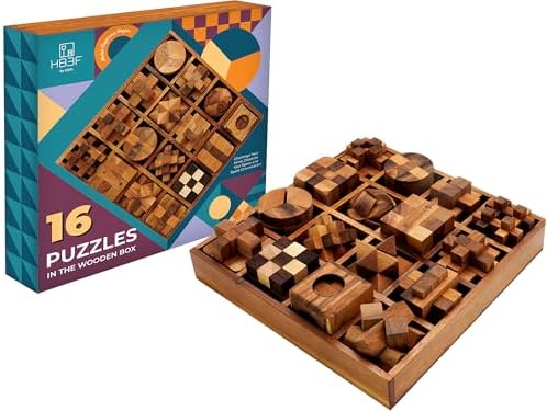 BSIRI 16 in 1 Wooden Brain Teaser Puzzles for Adults and Seniors Interlocking 3D Mini Wood Mind Games Hand Puzzle Teasers Set Toys Coffee Table Games Gift by HB3FbyBSIRI