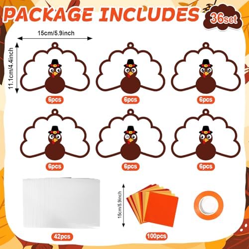 Qyeahkj 36 Set Thanksgiving Turkey Suncatchers Crafts for DIY Fall Window Tissue Paper Craft Kit Autumn Hanging Decor for Harvest Home Activity Art Project Birthday Party Favor Gift - Image 2