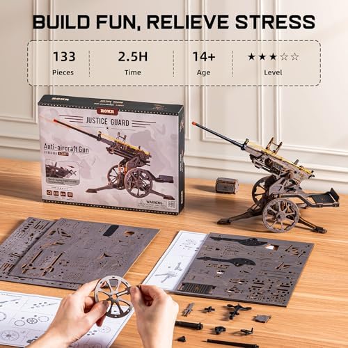 ROKR Anti-Aircraft Gun 3D Wood Puzzle for Adults - Mechanical Rubber Band Shooting Model Kit, DIY Building Set for Teens and Hobbyists, Desktop Decor - Image 6