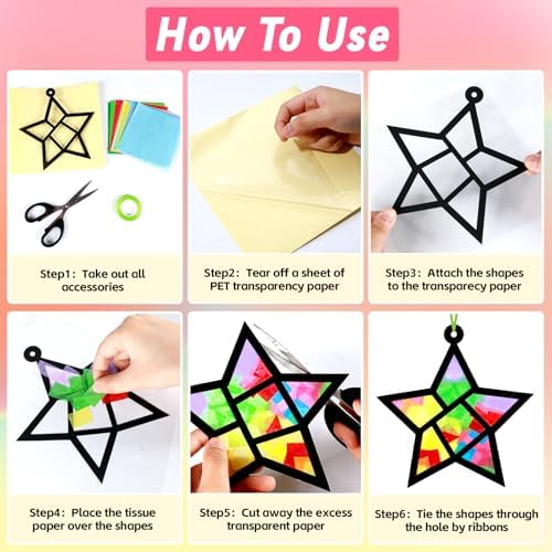 Qyeahkj 36 Set Geometric Shapes Suncatcher Crafts for DIY Star Window Tissue Paper Craft Kit Triangle Heart Hanging Decor for Summer Home Activity Art Project Birthday Party Favor Gift - Image 4