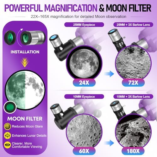 Telescope for Adults & Kids, 90mm Aperture 600mm Refractor Telescope for Astronomy Beginners, Portable Travel Telescopes with Tripod, Phone Adapter, Moon Filter, Carry Bag & Moon Phase Guide - Image 4