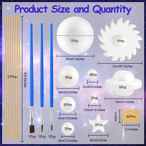 100 Pieces Solar System Model Foam Ball Kit Includes Mixed Sized Polystyrene Balls Toothpick Flag Bamboo Sticks Painting Brushes for School Science Project DIY Planet Handcraft - Image 2
