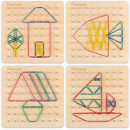 Coogam Wooden Geoboard Mathematical Manipulative Material Array Block Geo Board – Graphical Educational Toys with 30Pcs Pattern Cards and Latex Bands Shape STEM Puzzle Matrix 8x8 Brain Teaser for Kid - Image 3