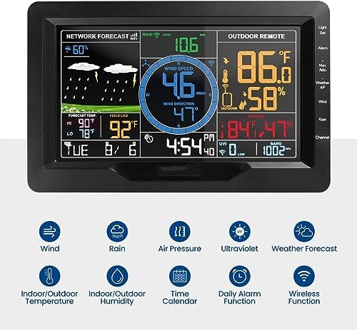 Indoor Outdoor Weather Stations, Indoor Outdoor Thermometer, Professional Digital Thermometer Weather Station, Wind Speed and Direction，Color Display Atomic Clock with Rain Gauge - Image 4