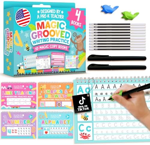 4 Grooved Writing Books for Kids 3-8 Large Reusable PreK Tracing Workbooks by HadleyDesigns