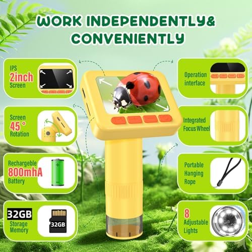 IMICHI Microscope for Kids 50X-1000X 2 inch IPS HD Screen, 32GB Storage Card, 1080P Video, 2-Hour Battery Life, Easy Carry, Slides Included - Perfect Science Kit Gift for Kids Ages 8-12 Yellow - Image 2