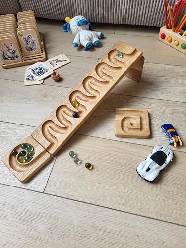 Marble Run Track Race Machine Wooden Maze Board Ball Run Course Gift for Kids Run Race Winding Track Roller (Waves) - Image 6