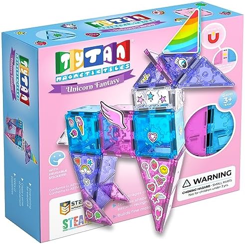 Tytan Tiles Ultimate Unicorn Magnetic Tiles Building Set, Adorable Kids’ STEM Toy, Creative Play, Shape & Pattern Recognition, Fine Motor Skills, Includes Storage Bag, Ages 3 and Up by TytanToys