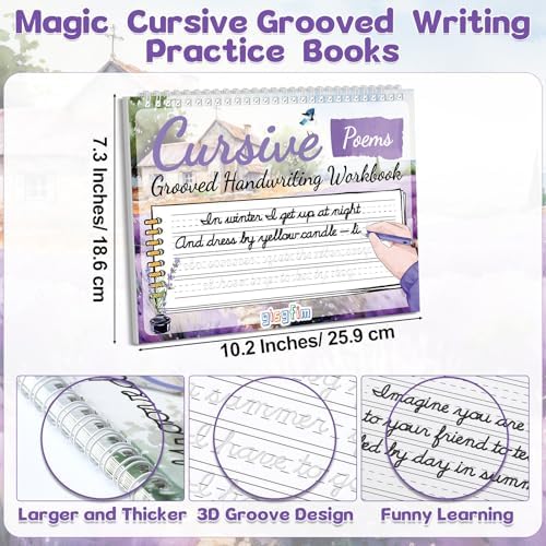 gisgfim Grooved Cursive Handwriting Workbook Magic Reusable Grooved Cursive Handwriting Practice Guided Tracing with Disappearing Ink Pens for Beginners Kids Learning Activities Supplies (Poems) - Image 2