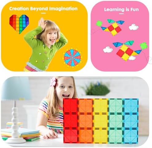 Gemmicc 100 PCS Magnetic Tiles with 2 Cars, Magnet Stacking Blocks Kids - Image 5