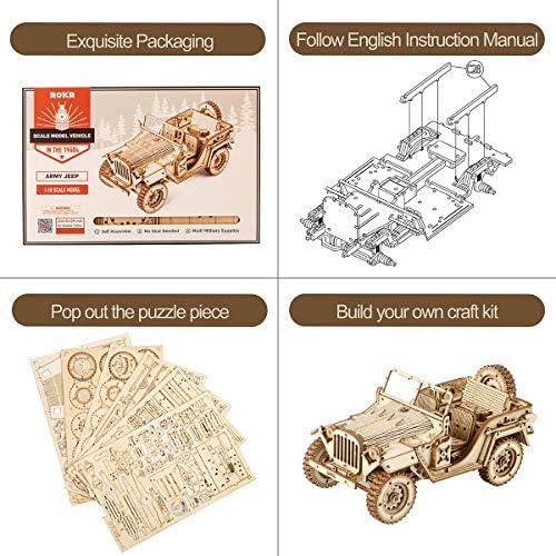 ROKR 3D Wooden Puzzle for Adults-Mechanical Car Model Kits-Brain Teaser Puzzles-Vehicle Building Kits-Unique Gift for Adults,Teens on Birthday/Christmas Day(1:18 Scale)(MC701-Army Field Car) - Image 4