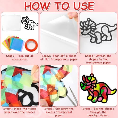 Qyeahkj 36 Set Dinosaur Suncatchers Crafts for DIY Dinosaur Tissue Paper Crafts Window Stained Glass Effect Dino Hanging Decor Home Creative Activity Art Projects Birthday Party Favor Gift - Image 4