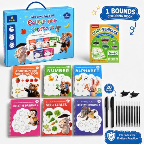BA-RAKAHCO Magic Grooved Writing Practice for Kids Age 3-8, Grooved Handwriting Practice, Kids Writing Book, Reusable Tracing Set, 6 Books and 8 Stickers Coloring Books, Disappearing Ink Kids by Unknown