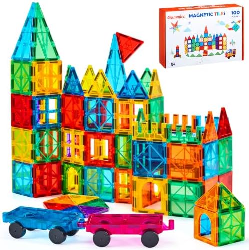 Gemmicc 100 PCS Magnetic Tiles with 2 Cars, Magnet Stacking Blocks Kids by GEMMICC