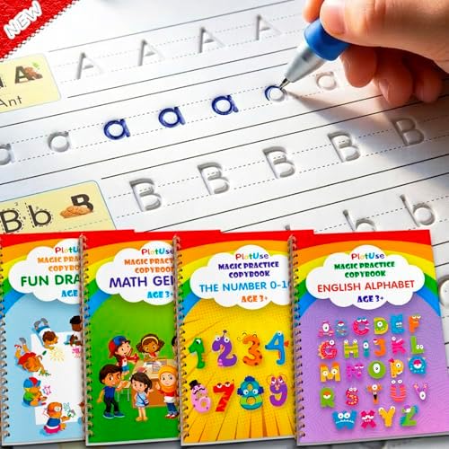 4 Pack Magic Practice Copybook for Kids Ages 3-8, Reusable Grooved Handwriting Workbooks with Disappearing Ink Pens - Workbook for Learning Drawing Math Skill Writing, Preschool Preparation by Unknown