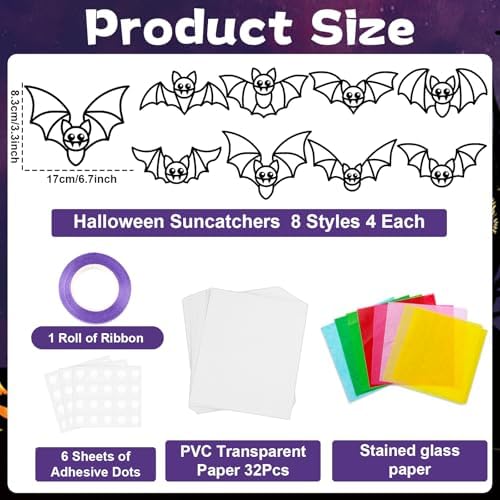 QOUBAI 32 Sets Halloween Bats Suncatchers Craft Kit DIY Window Stained Glass Effect Halloween Bats Paper Crafts Home School Classroom Decoration Kid Birthday Gift Creative Art Project Activity Game - Image 2