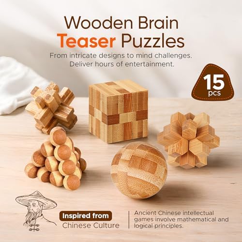 Wooden Brain Teaser Puzzles, 15pcs 3D Brain Teasers for All Ages - Image 2
